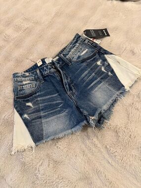 Distressed Dark Blue Denim Jean Shorts with White Side Panels
